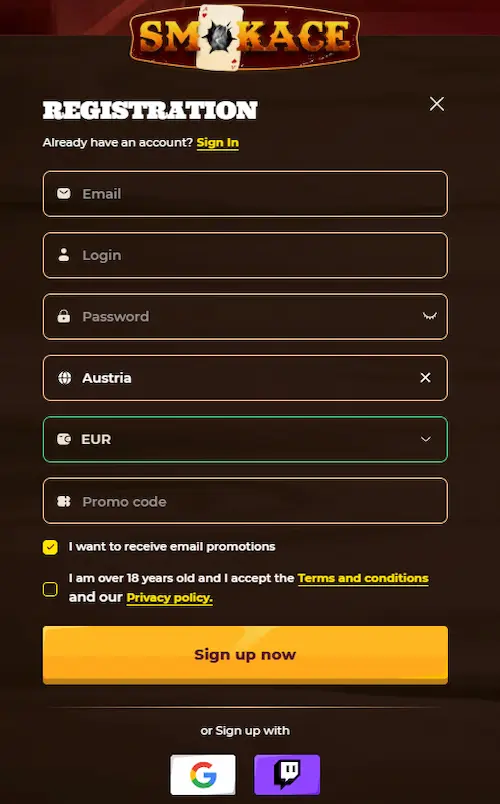 SmokAce Casino registre